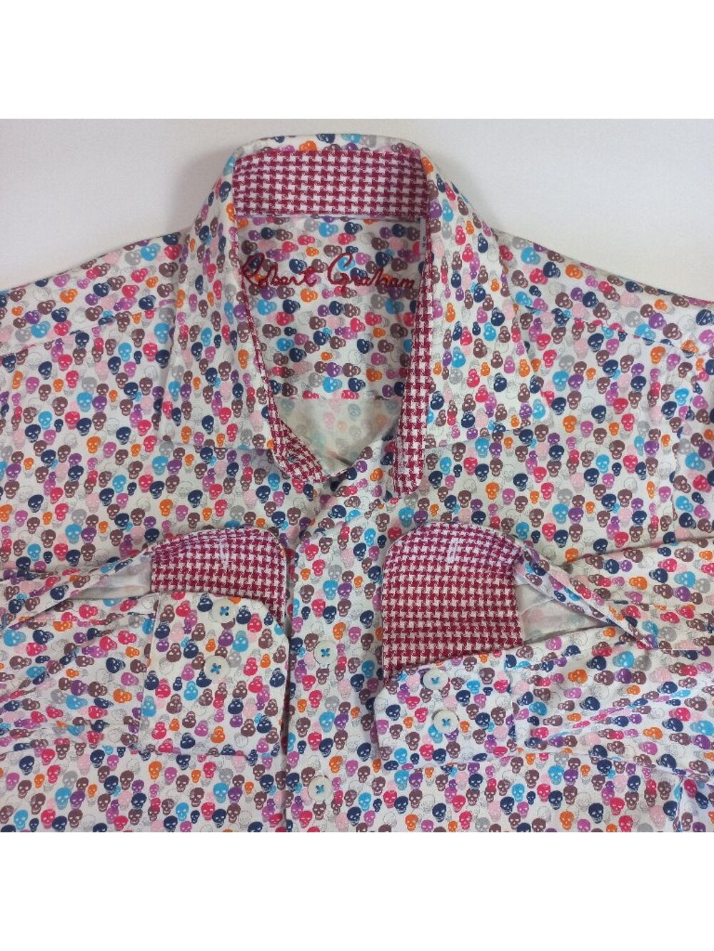 robert graham womens shirt medium size M 10-12 skulls all over print long sleev